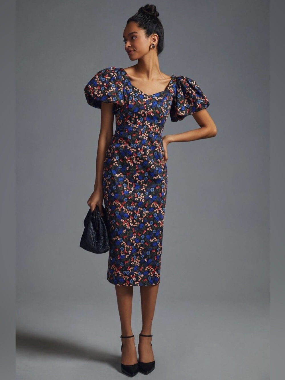 NEW Hunter Bell Colette Sheath Floral Puff Sleeve Midi Dress, Size 0